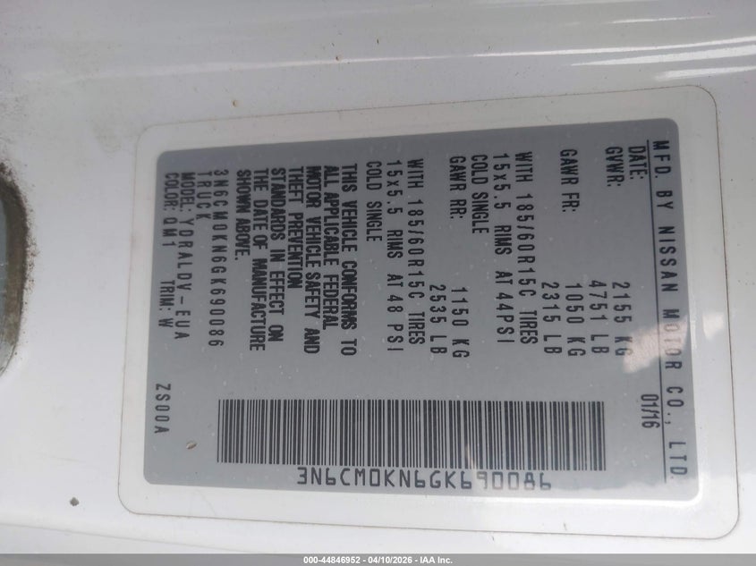 2016 Nissan Nv200 S VIN: 3N6CM0KN6GK690086 Lot: 44846952