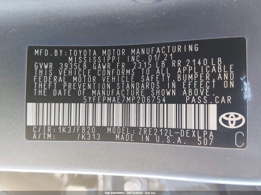 2021 Toyota Corolla Le VIN: 5YFEPMAE7MP206754 Lot: 44846960