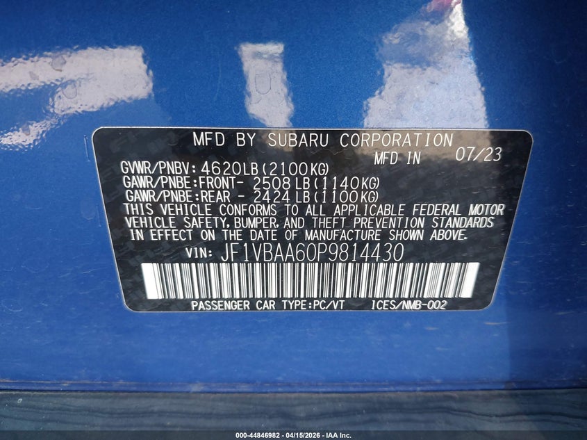 2023 Subaru Wrx VIN: JF1VBAA60P9814430 Lot: 44846982