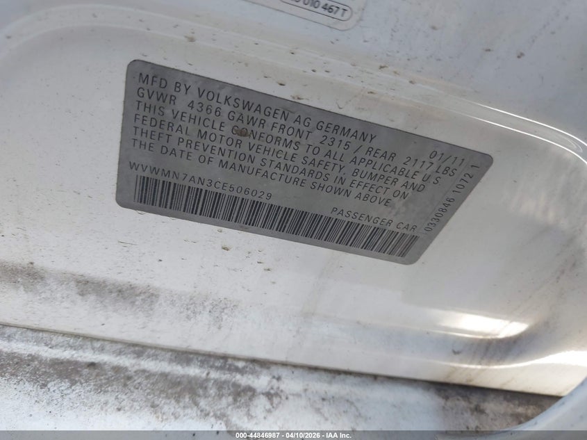 2012 Volkswagen Cc Sport VIN: WVWMN7AN3CE506029 Lot: 44846987