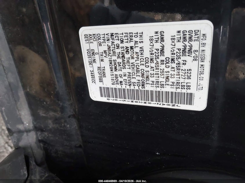 2009 Nissan Murano Sl VIN: JN8AZ18W29W151879 Lot: 44846989