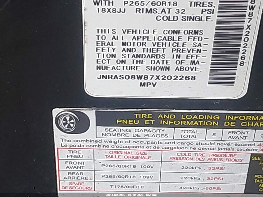 2007 Infiniti Fx35 VIN: JNRAS08W87X202268 Lot: 44846990