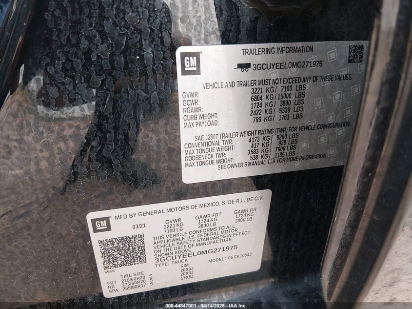 2021 Chevrolet Silverado 1500 4Wd Short Bed Rst VIN: 3GCUYEEL0MG271975 Lot: 44847001