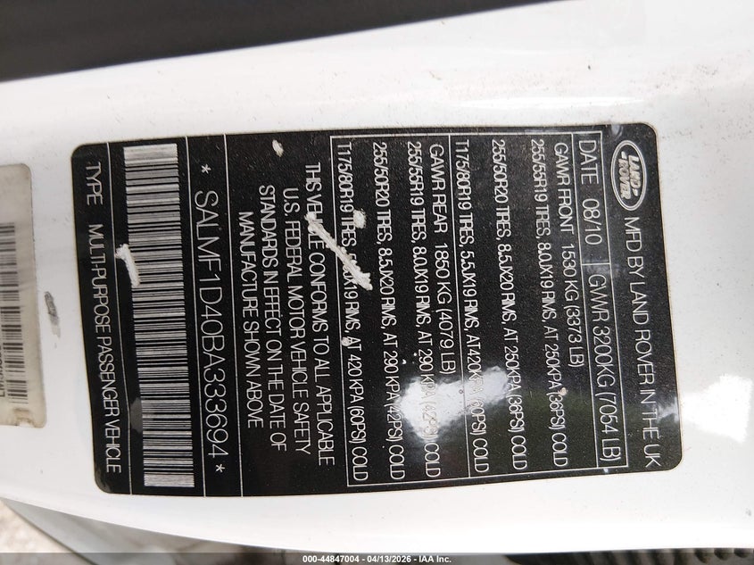 2011 Land Rover Range Rover Hse VIN: SALMF1D40BA333694 Lot: 44847004