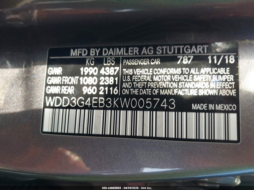 2019 Mercedes-Benz A 220 VIN: WDD3G4EB3KW005743 Lot: 44847007