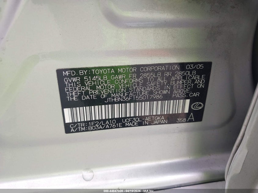 2005 Lexus Ls 430 VIN: JTHBN36F155017986 Lot: 44847008