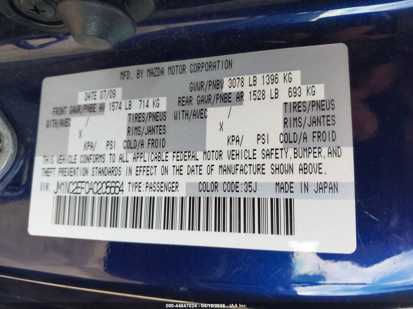 2010 Mazda Mx-5 Miata Touring VIN: JM1NC2EF0A0205664 Lot: 44847024