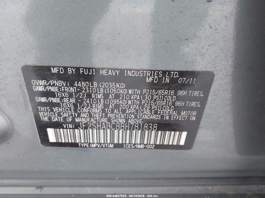 2011 Subaru Forester 2.5X VIN: JF2SHABC8BH781838 Lot: 44847029