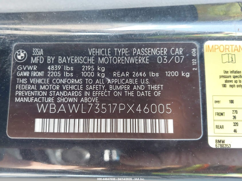 2007 BMW 335I VIN: WBAWL73517PX46005 Lot: 44847035