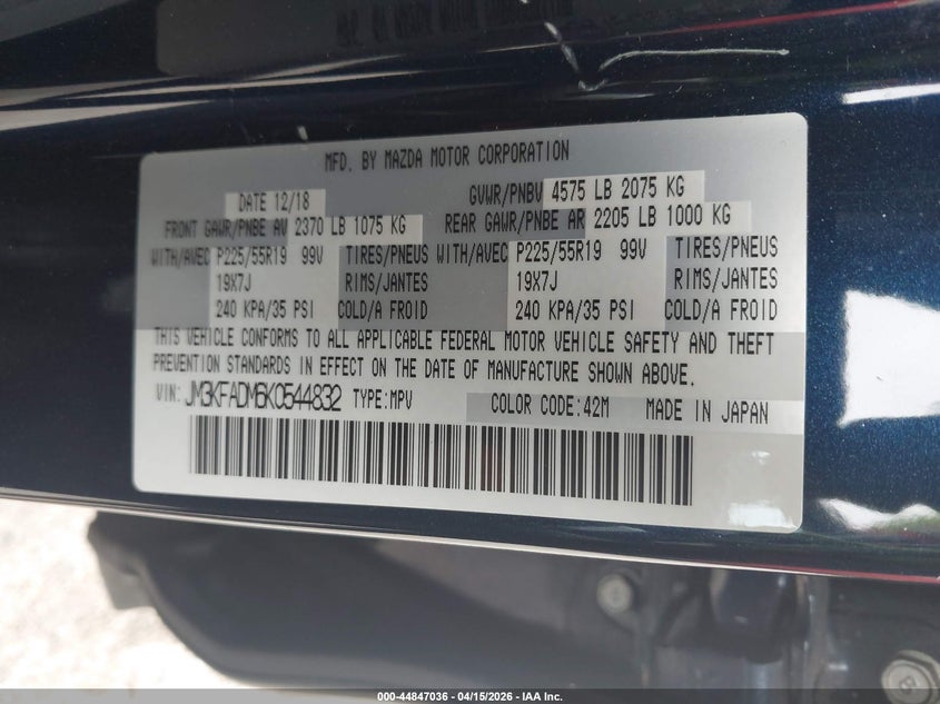 2019 Mazda Cx-5 Grand Touring VIN: JM3KFADM6K0544832 Lot: 44847036