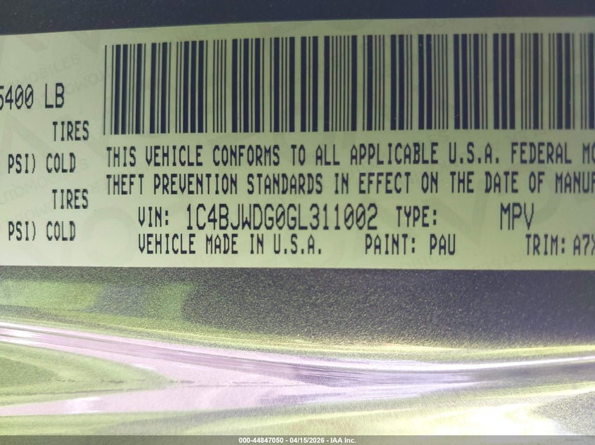 2016 Jeep Wrangler Unlimited Sport VIN: 1C4BJWDG0GL311002 Lot: 44847050