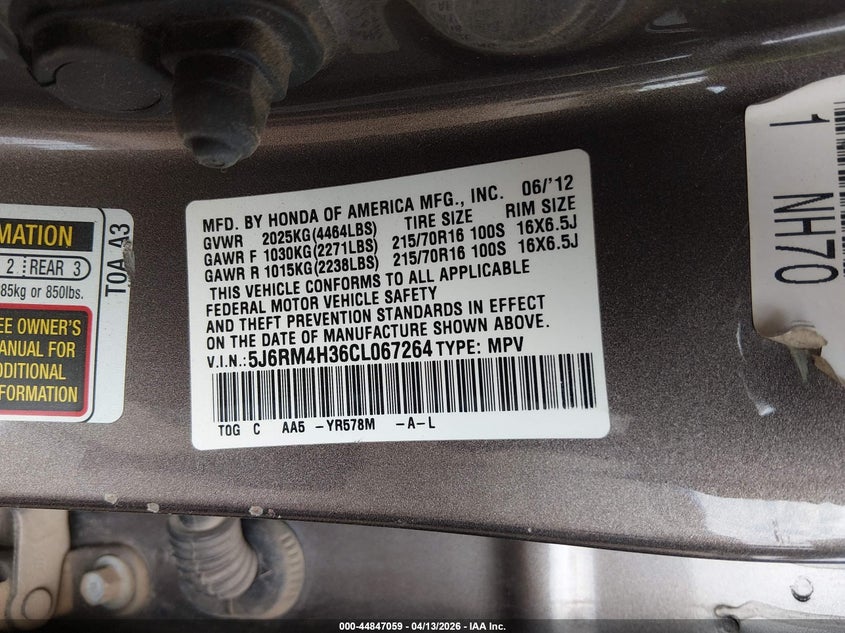 2012 Honda Cr-v 2.4 Cr-V Lx grey Lot 111044847059 Vin 5J6RM4H36CL067264