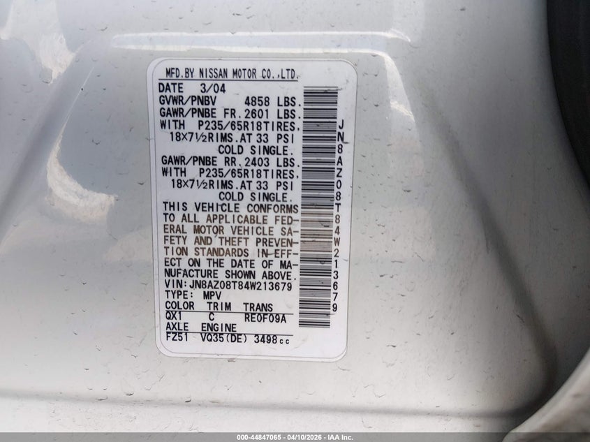 2004 Nissan Murano Sl VIN: JN8AZ08T84W213679 Lot: 44847065