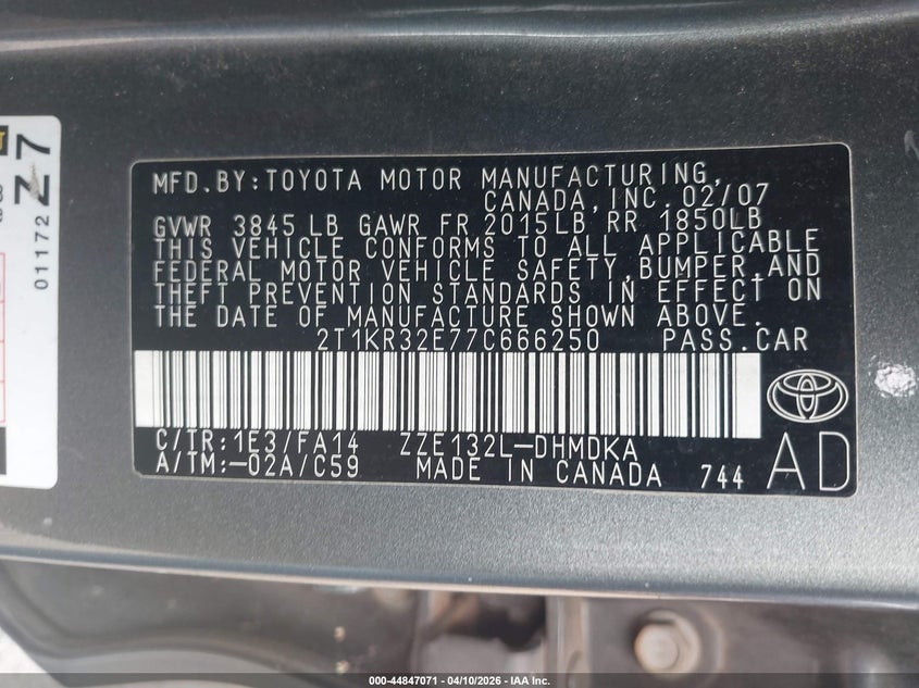 2007 Toyota Matrix VIN: 2T1KR32E77C666250 Lot: 44847071