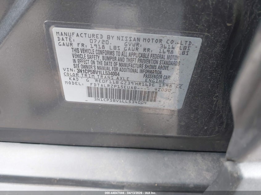 VIN 3N1CP5BV1LL534004 2020 NISSAN KICKS S XTRONIC CVT
