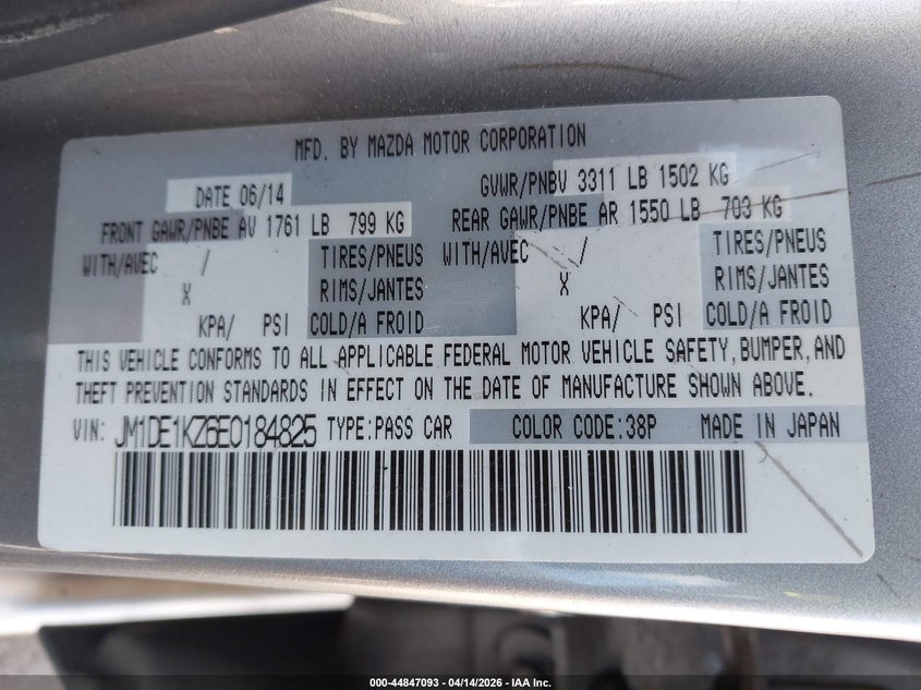 2014 Mazda Mazda2 Sport VIN: JM1DE1KZ6E0184825 Lot: 44847093