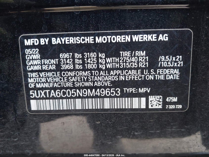 2022 BMW X5 Phev xDrive45E VIN: 5UXTA6C05N9M49653 Lot: 44847098