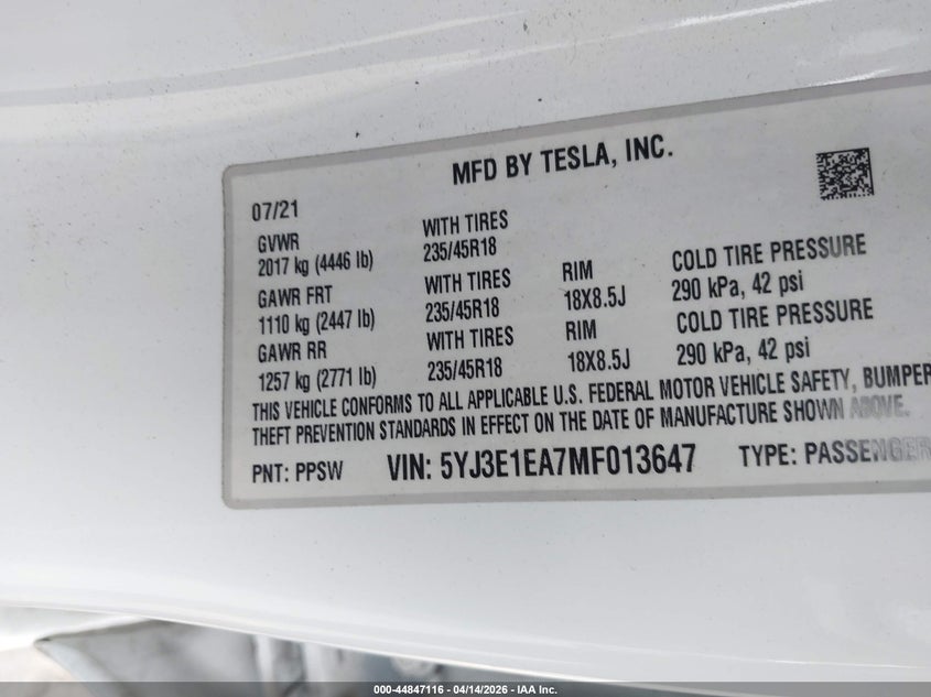 2021 Tesla Model 3 Standard Range Plus Rear-Wheel Drive white Lot 111044847116 Vin 5YJ3E1EA7MF013647