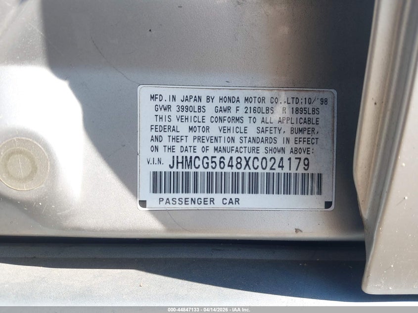 1999 Honda Accord Lx VIN: JHMCG5648XC024179 Lot: 44847133