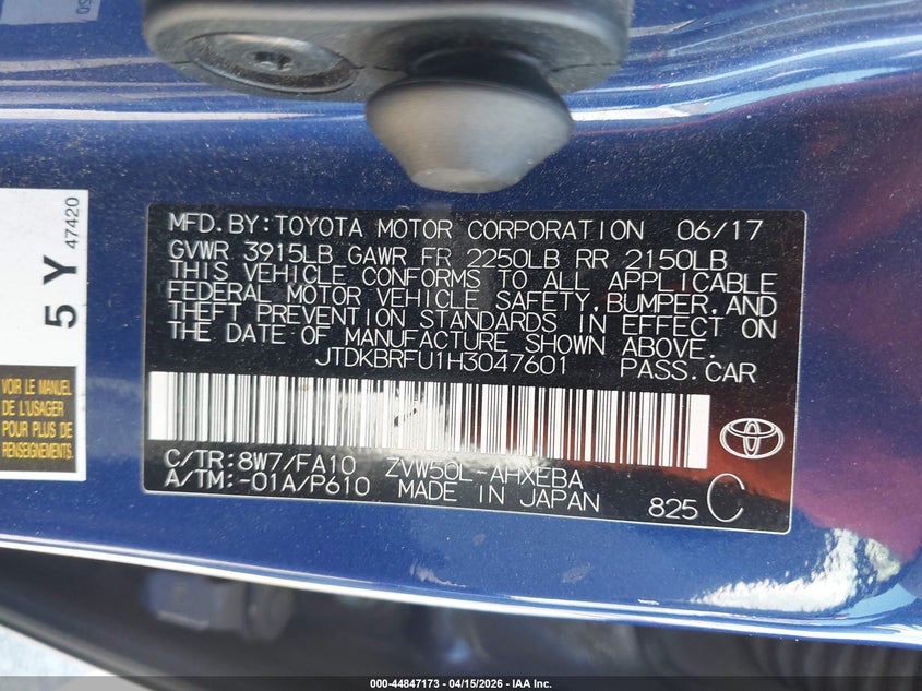 2017 Toyota Prius Two VIN: JTDKBRFU1H3047601 Lot: 44847173