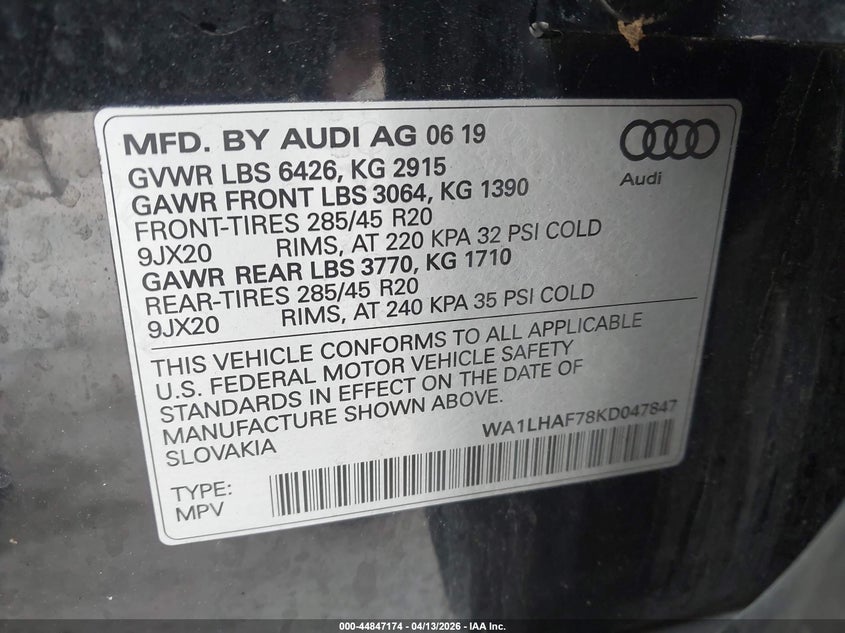 2019 Audi Q7 45 Premium/45 Se Premium VIN: WA1LHAF78KD047847 Lot: 44847174