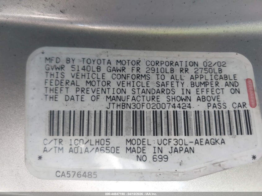 2002 Lexus Ls 430 VIN: JTHBN30F020074424 Lot: 44847190