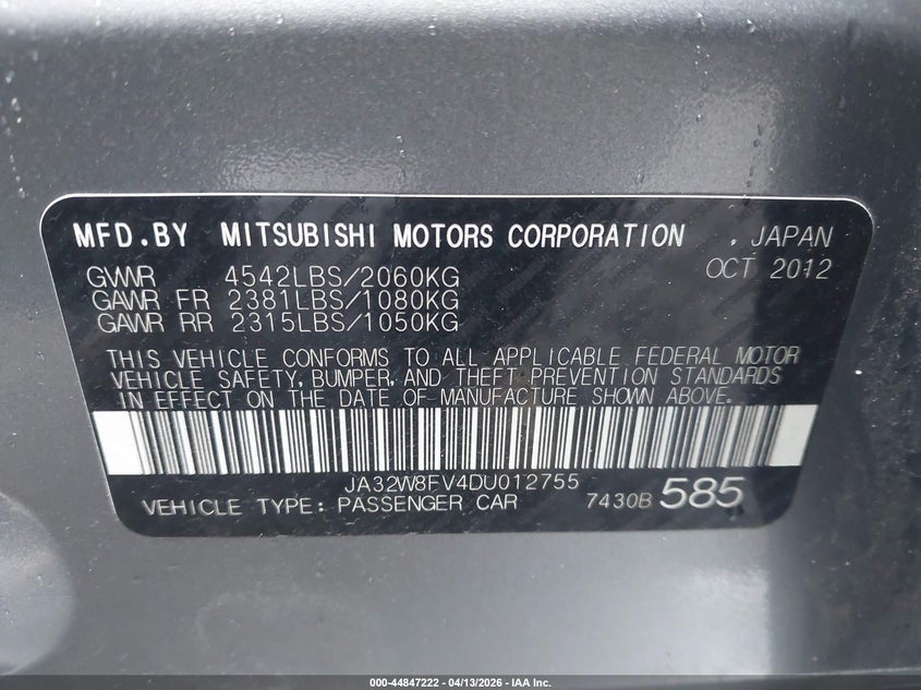 2013 Mitsubishi Lancer Evolution Gsr VIN: JA32W8FV4DU012755 Lot: 44847222