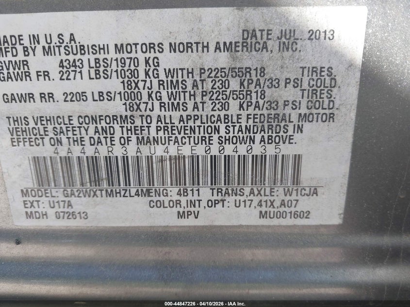 2014 Mitsubishi Outlander Sport Es VIN: 4A4AR3AU4EE004035 Lot: 44847226