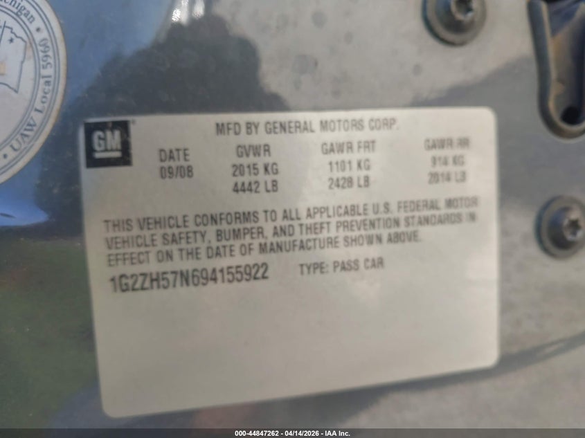 2009 Pontiac G6 Gt VIN: 1G2ZH57N694155922 Lot: 44847262