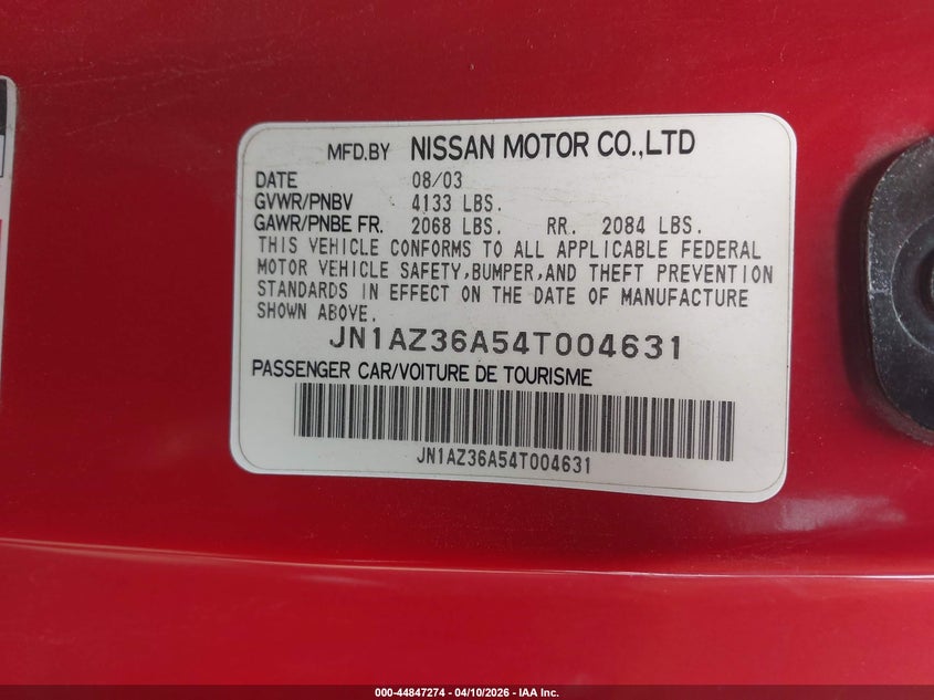 2004 Nissan 350Z Enthusiast VIN: JN1AZ36A54T004631 Lot: 44847274