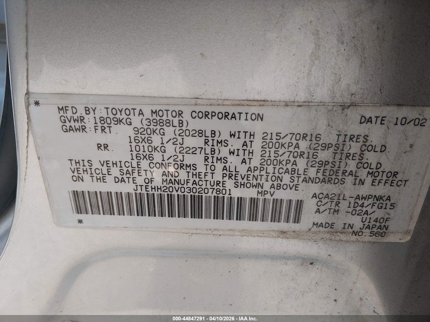 2003 Toyota Rav4 VIN: JTEHH20V030207801 Lot: 44847291