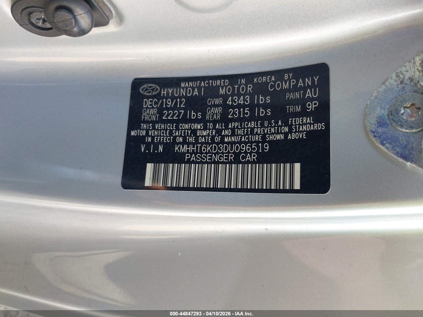 2013 Hyundai Genesis 2.0T VIN: KMHHT6KD3DU096519 Lot: 44847293