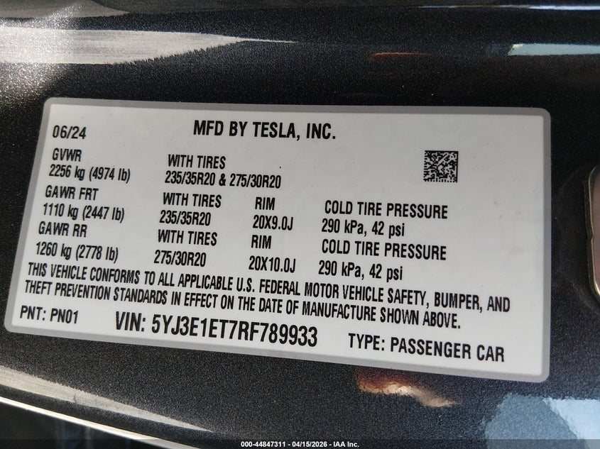 2024 Tesla Model 3 Performance All-Wheel Drive grey Lot 111044847311 Vin 5YJ3E1ET7RF789933