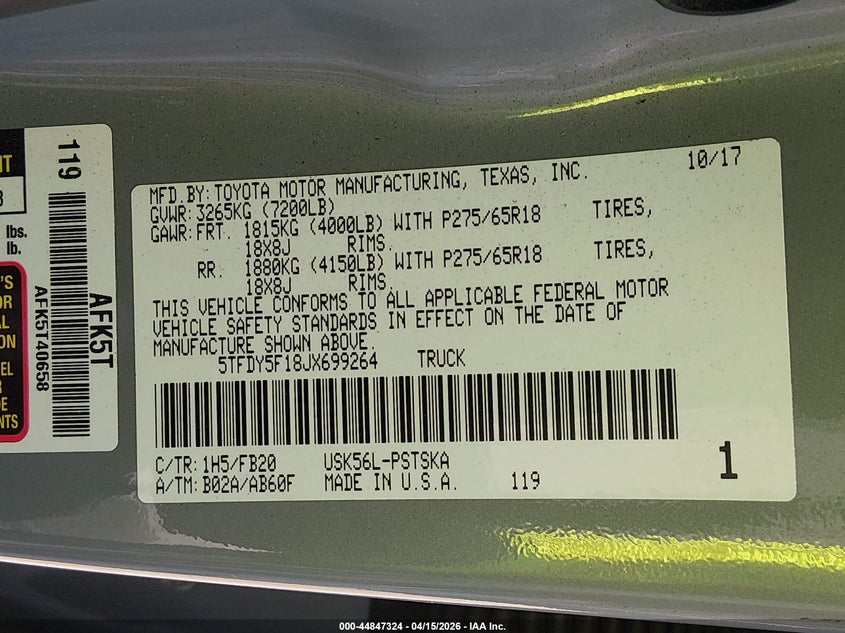 2018 Toyota Tundra Sr5 5.7L V8 VIN: 5TFDY5F18JX699264 Lot: 44847324