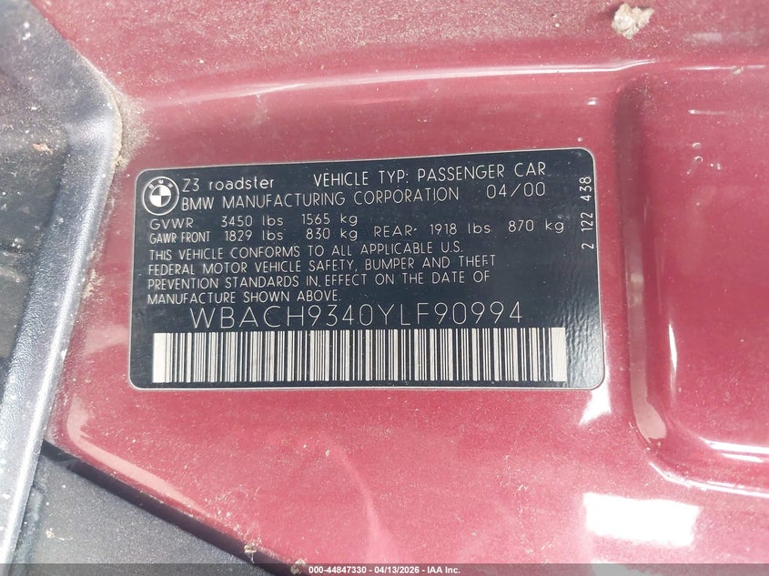 2000 BMW Z3 2.3 VIN: WBACH9340YLF90994 Lot: 44847330