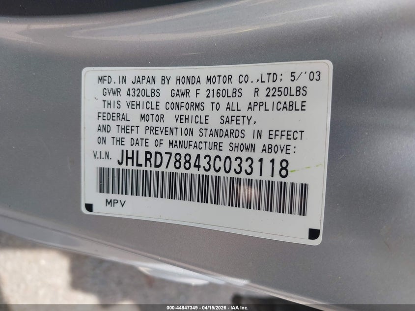 2003 Honda Cr-V Ex VIN: JHLRD78843C033118 Lot: 44847349