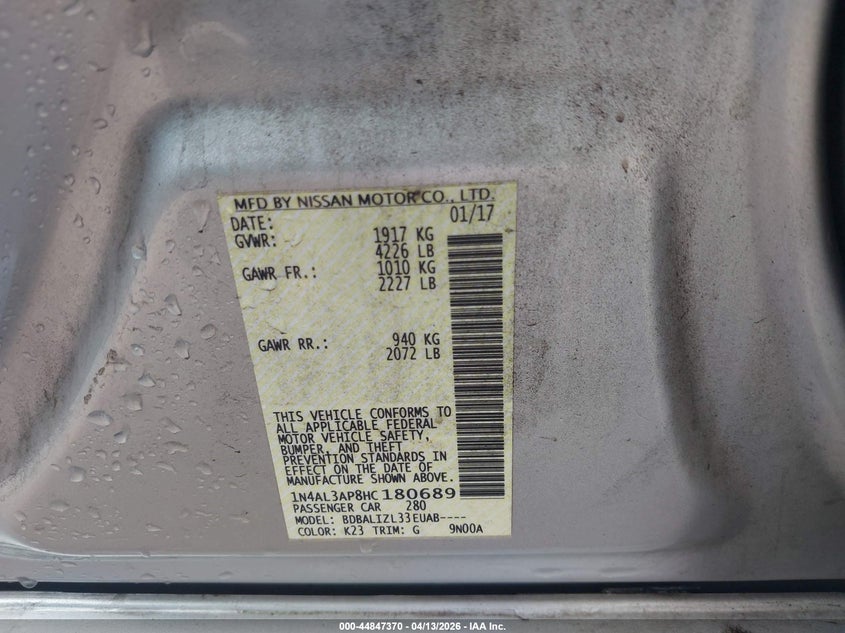 2017 Nissan Altima 2.5 Sv VIN: 1N4AL3AP8HC180689 Lot: 44847370