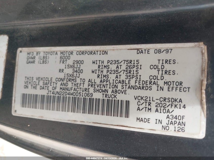 1998 Toyota T100 Dx V6 VIN: JT4UN22D4W0051069 Lot: 44847374