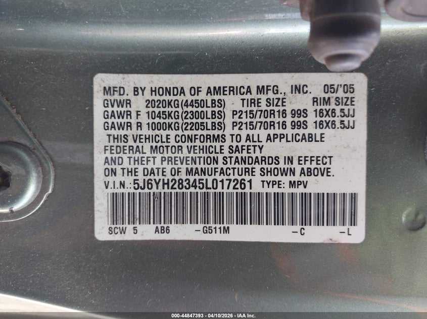 2005 Honda Element Lx VIN: 5J6YH28345L017261 Lot: 44847393