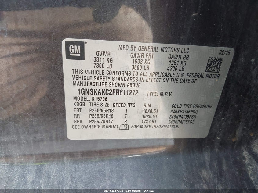 2015 Chevrolet Tahoe Ls VIN: 1GNSKAKC2FR611272 Lot: 44847394