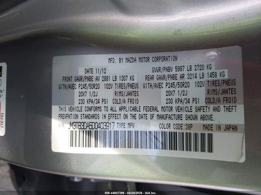 MAZDA CX-9 2013 VIN JM3TB3DA5D0403917