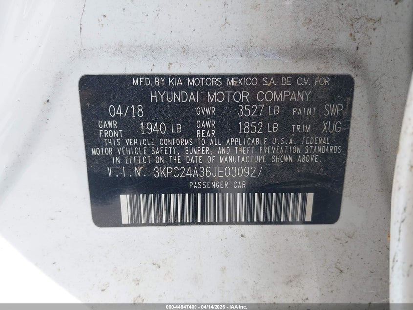 2018 Hyundai Accent 1.6 Sel white Lot 111044847400 Vin 3KPC24A36JE030927