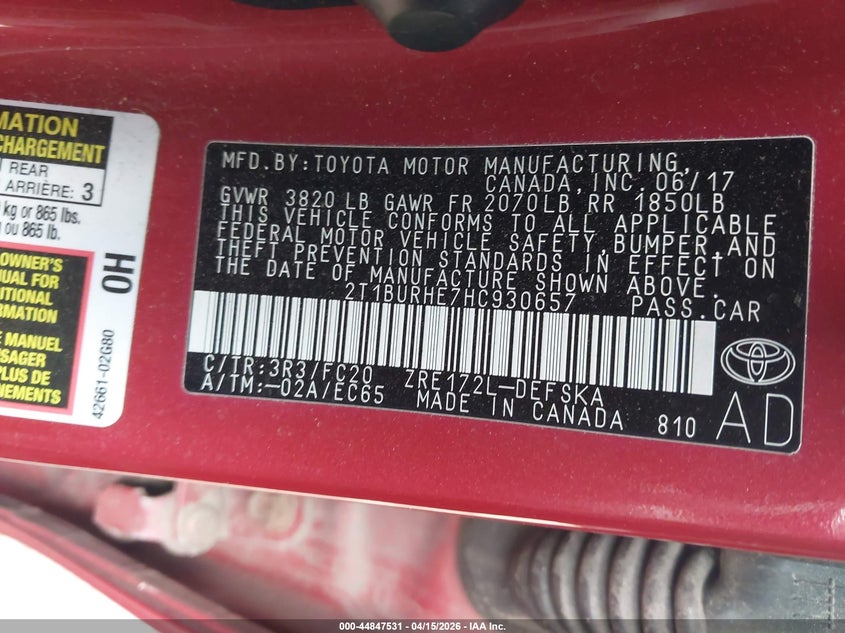 2017 Toyota Corolla Se VIN: 2T1BURHE7HC930657 Lot: 44847531