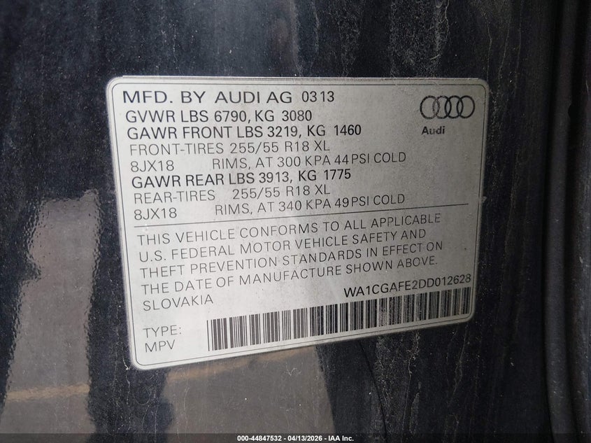 2013 Audi Q7 3.0T Premium VIN: WA1CGAFE2DD012628 Lot: 44847532