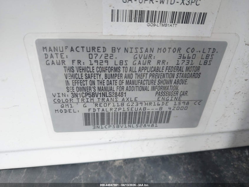 2022 Nissan Kicks S Xtronic Cvt VIN: 3N1CP5BV1NL528481 Lot: 44847561