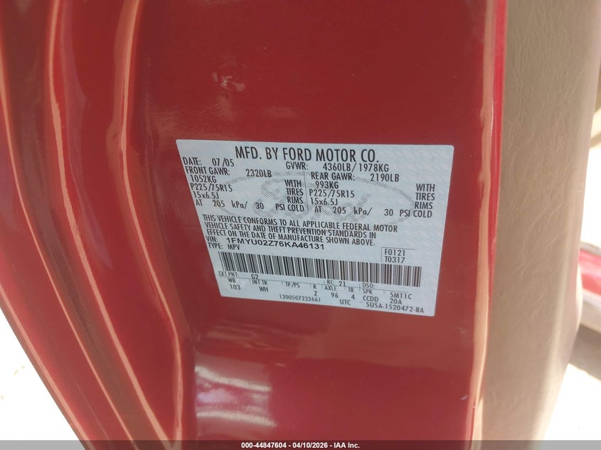 2006 Ford Escape Xls/Xls Manual VIN: 1FMYU02Z76KA46131 Lot: 44847604