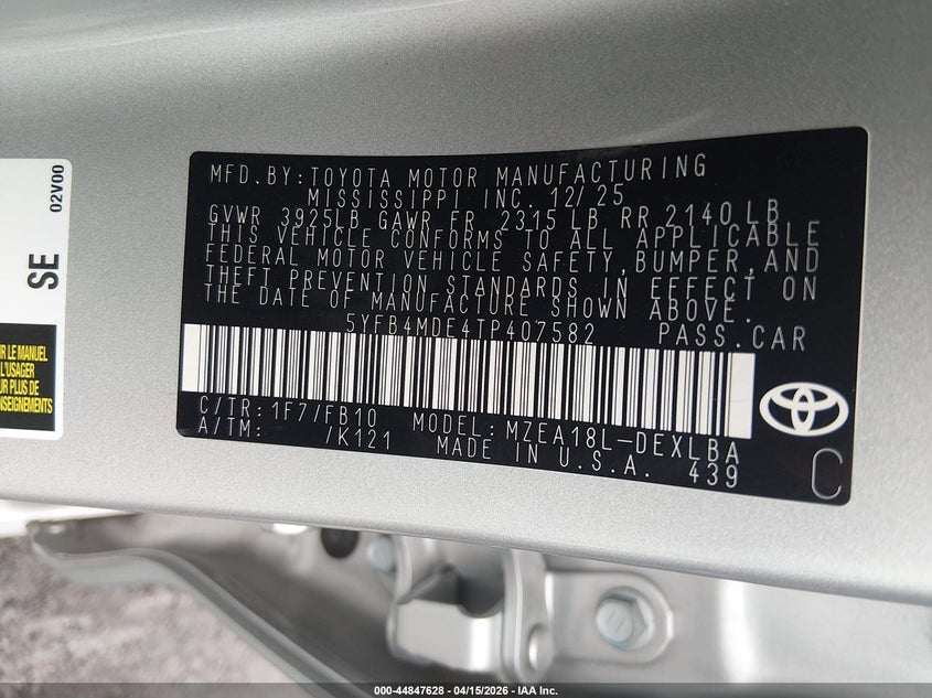 2026 Toyota Corolla Le VIN: 5YFB4MDE4TP407582 Lot: 44847628