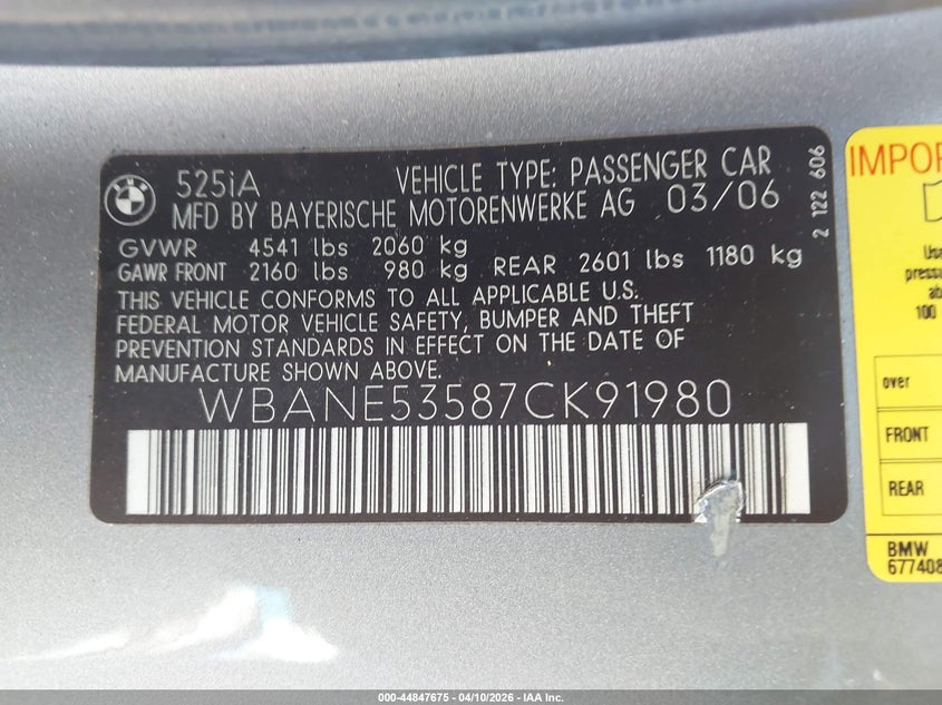 2007 BMW 525I VIN: WBANE53587CK91980 Lot: 44847675