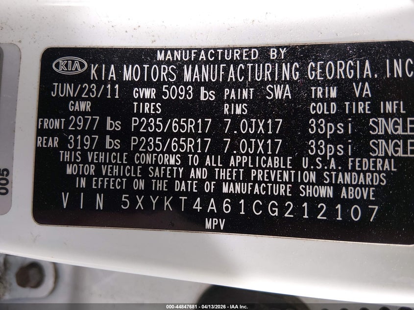 2012 Kia Sorento Lx VIN: 5XYKT4A61CG212107 Lot: 44847681