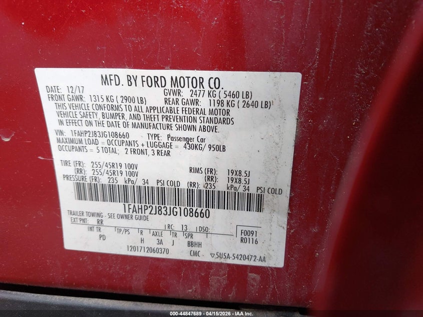 2018 Ford Taurus Limited VIN: 1FAHP2J83JG108660 Lot: 44847689